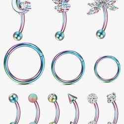 12pcs 16G Eyebrow Rings Stainless Steel Belly Lip Ring Cartilage Hoop Rook Daith Earrings Tragus CZ Body Piercing Curved Barbell