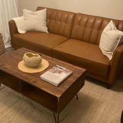 Leather Couch, Coffee Table And Silver Side Table 