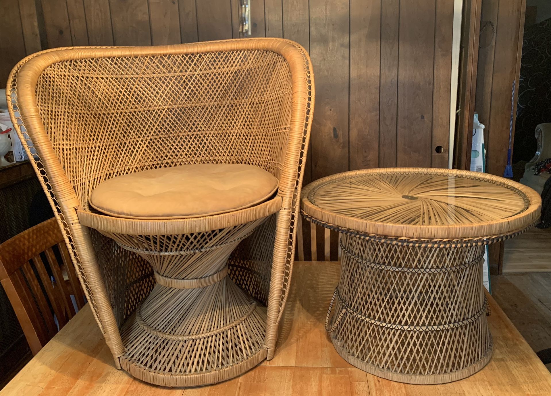 Vintage Rattan Barrel Chair With Side Table