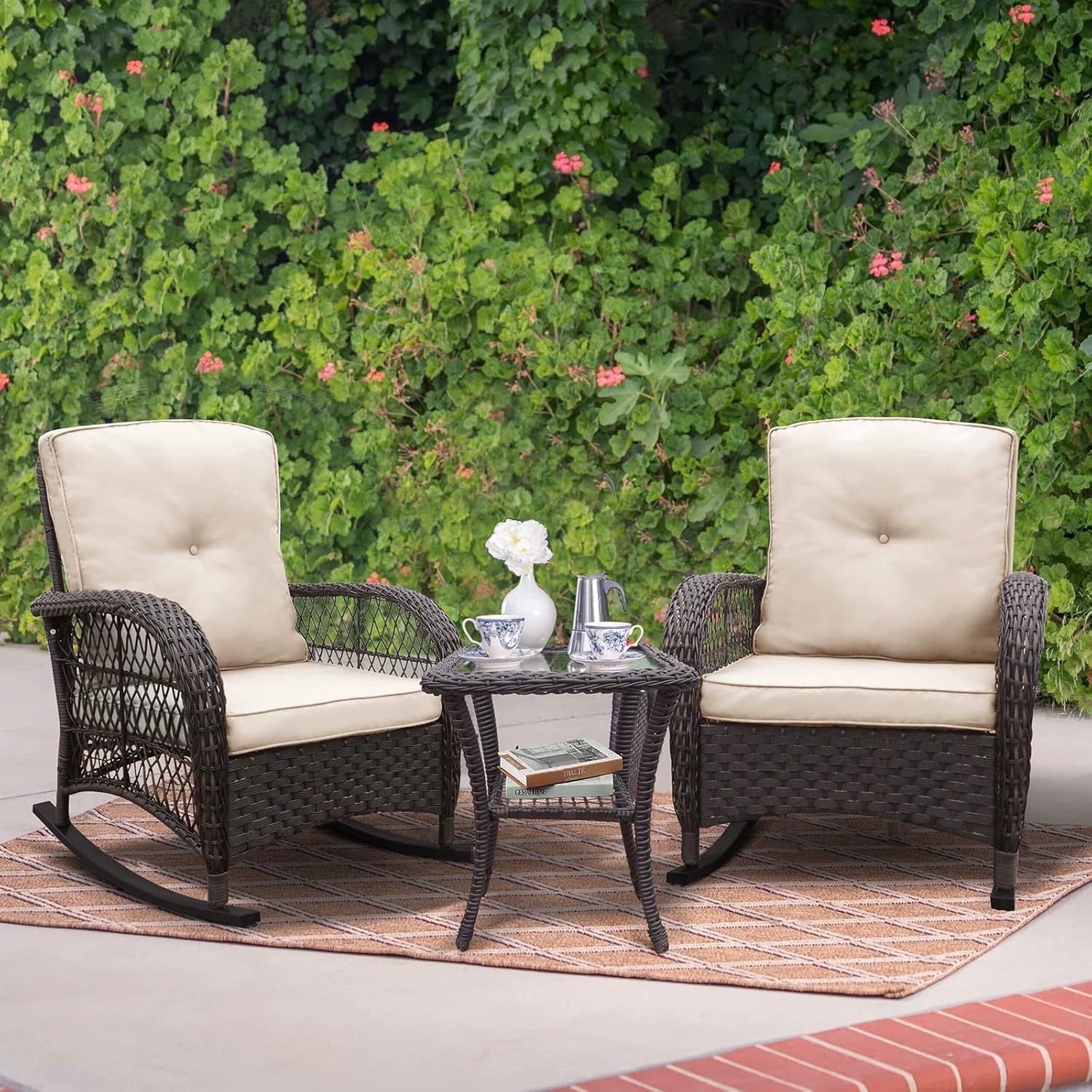 3 Pieces Outdoor Wicker Rocking Chair Set, Patio Conversation Set with 2 Rattan Rocker Chairs and Glass Coffee Table for Garden Porch Sunroom Deck Bac