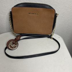 Michael Kors Leather Jet Set Shoulder Crossbody Bag Brown Black Gold