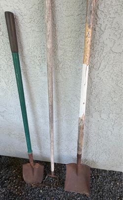 Vintage Gardening Hoe + Round Shovel and Square Shovel with long handles