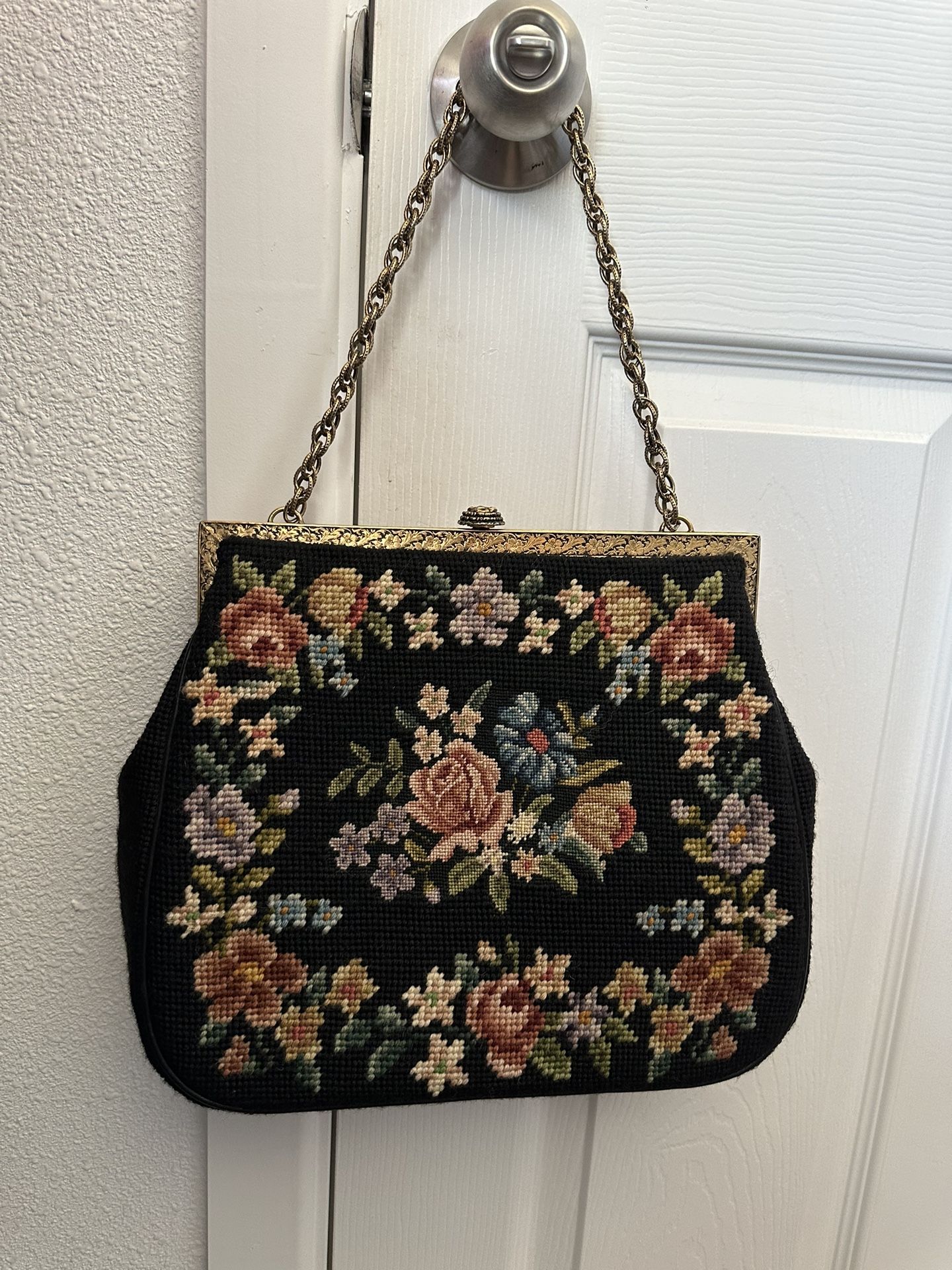 Large Vintage Floral Needlepoint Handbag