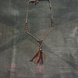 Vintage Yellow & Red Aurora Borealis Tassel Beaded Metal Chain Boho Necklace 