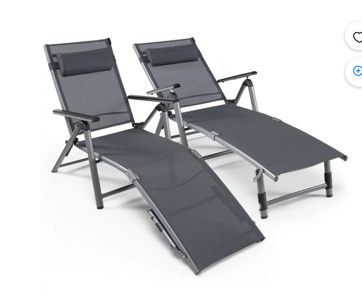 2PCS Patio Folding Aluminum Lounge Chair Chaise Adjustable Back Armrest Headrest New!
