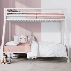 Twin over Full Size Metal Bunk Bed with Removable Ladder, Full-Length Guardrail, white matte