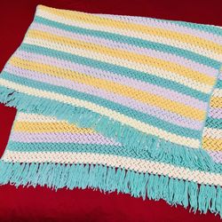 Hand Crocheted Green/Yellow/White Striped Afghan Throw Blanket 64”x 50” 