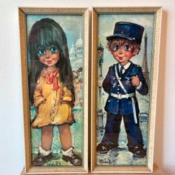 Vintage Michel Thomas “Gamins de Paris” Big Eye Girl & Gendarme Boy Framed Art