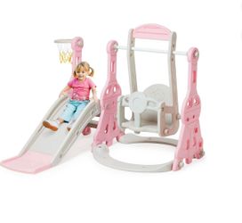 Ealing 4 in 1 Slide and Swing Set for Toddlers Age 1-2 ,with Bucket Style Seat and Basketball Hoop ,Baby Outdoor Indoor Playset Climber Toys,Pink