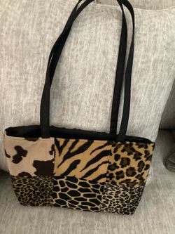 Vintage Y2K  patchwork faux fur patterns of leopard, zebra, cow and giraffe tote bag