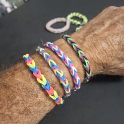 Double Fishtail Weave Rubber Band Friendship Bracelets In Vibrant Colors W/Plastic S Clasps $1 Each Or All 9 For $5