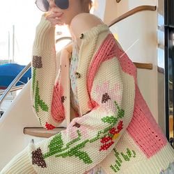 Sweater cardigan crochet knit floral womens top