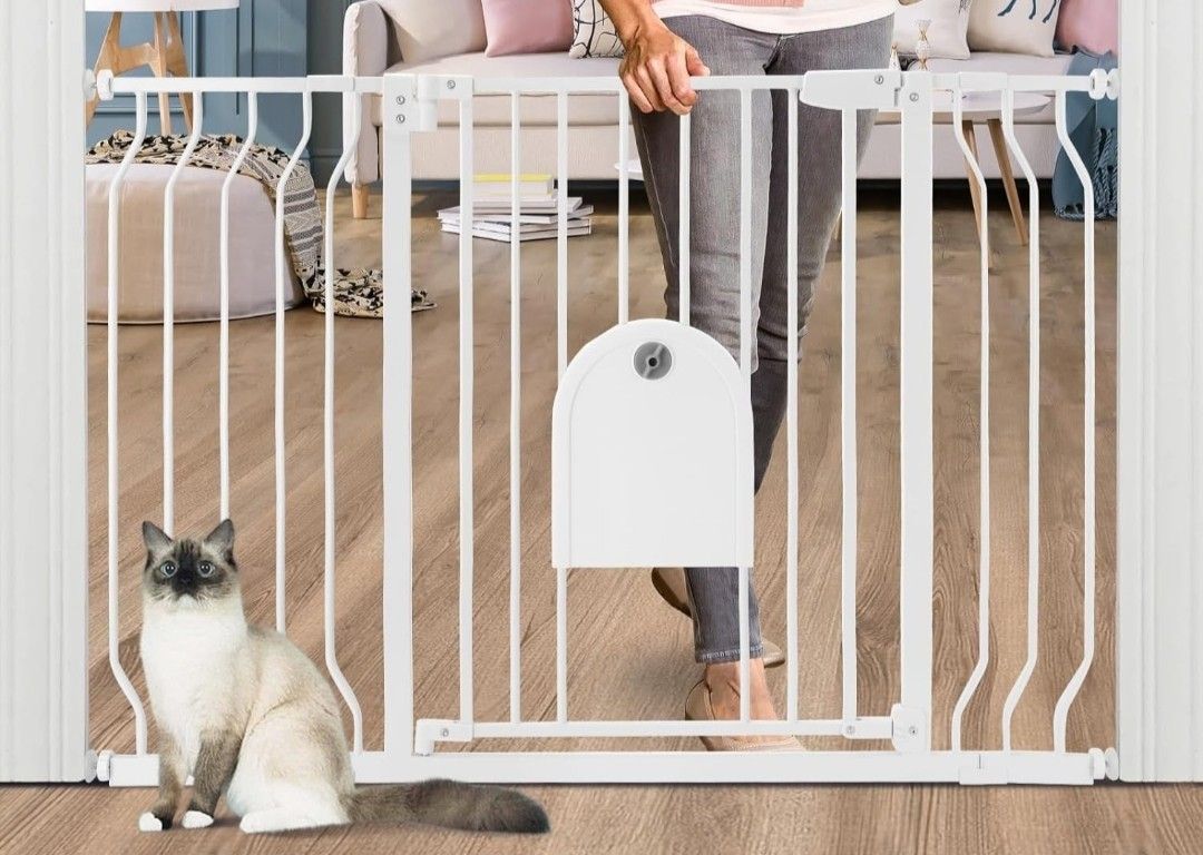 Huntea Baby Gates with Cat Door - Auto Close 29.5"-48.4" Safety Metal Dog Pet Gate for Doorway, Stairs