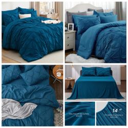 Queen Comforter Set Teal - Bed in a Bag Queen Size 7 Pieces, GentleSoft™ Pintuck Bed Set Gift for Family, Pinch Pleat Teal Comforter with Sheets, Pill