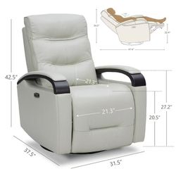 🔥ON SALE Power Swivel Glider Rocker Recliner Chair with USB for Living Room, Genuine Leather, White 