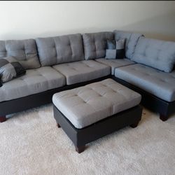 L shape Sectional Sofa With Ottoman (available In Gray And In Brown) 