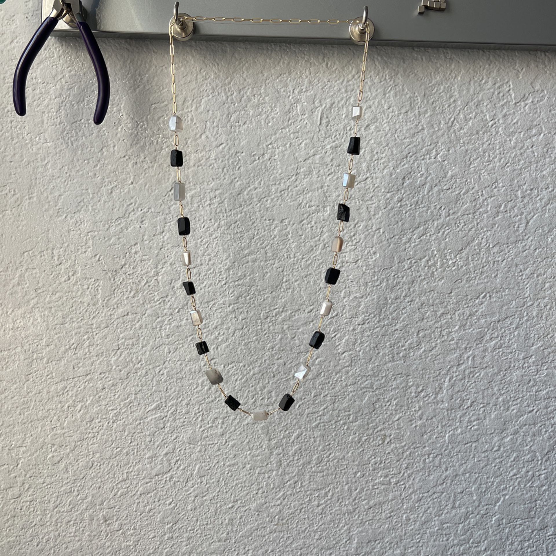 Black Tourmaline And Grey Moonstone Paperclip Necklace 