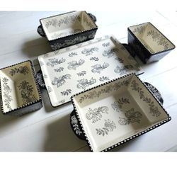 BAUM 5pc Black Cream Paisley Baking Set Bread Pans Casserole Tray