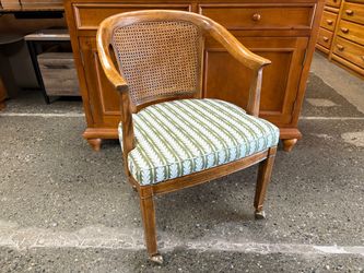 Cane Back Rolling Arm Chair w/ Light Green Floral Upholstery