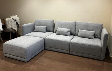 Beautiful Drew Modular Sectional Sofa with Ottoman by Drew Barrymore, Gray Fabric Sillones