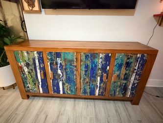 Solid Balinese teak wood entertainment center or cabinet, made by Asheville artist from reclaimed teak from ships in Bali. BEAUTIFUL