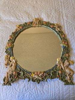 Antique Victorian Cast Metal Mirror With Cherubs