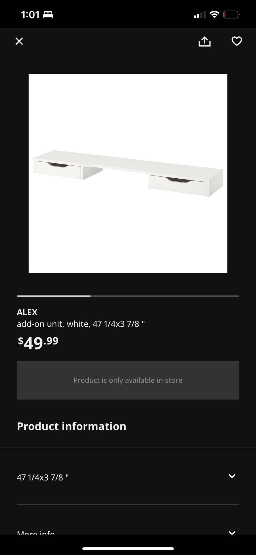 Ikea ALEX desk drawer add-on unit, white