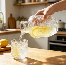 Vintage Bedside Water Carafe and Glass Set, Mouthwash Dispenser for Bathroom, Water Pitcher for Nightstand or Kitchen, Vintage Glass Carafe with Cup S