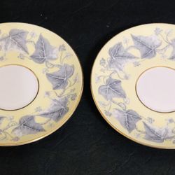 Two WEDGWOOD ENGLAND "Josephine Yellow” FOOTED CUP SAUCERS 5.75”