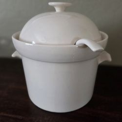 Soup Terrine, Wht Glazed Ceramic W/lids N Ladle, Like New, Bowl Is 7 1/2 T X 9 1/2 W With Lid On 10 1/2" Tall $10.00