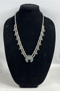 Vintage Zuni E. Edaakie Turquoise Needlepoint Squash Blossom Necklace Sterling