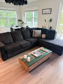 Sofa, Wood Table & Accessories