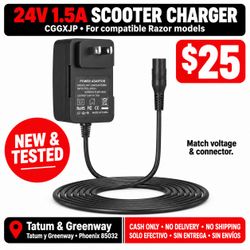 CGGXJP 24V 1.5A Charger for Compatible Razor Scooters – New & Tested