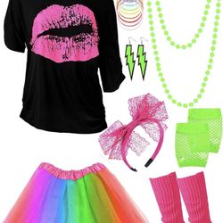 80s Costume Accessories for Women Halloween Outfit Dress Neon Leg Warmers Fishnet Gloves T-shirt Tutu Headband