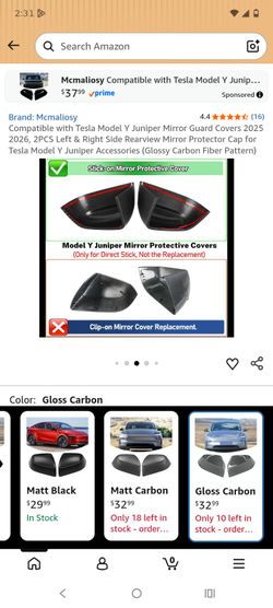2025-2026 Tesla Model Y Carbon Fiber Mirror Covers