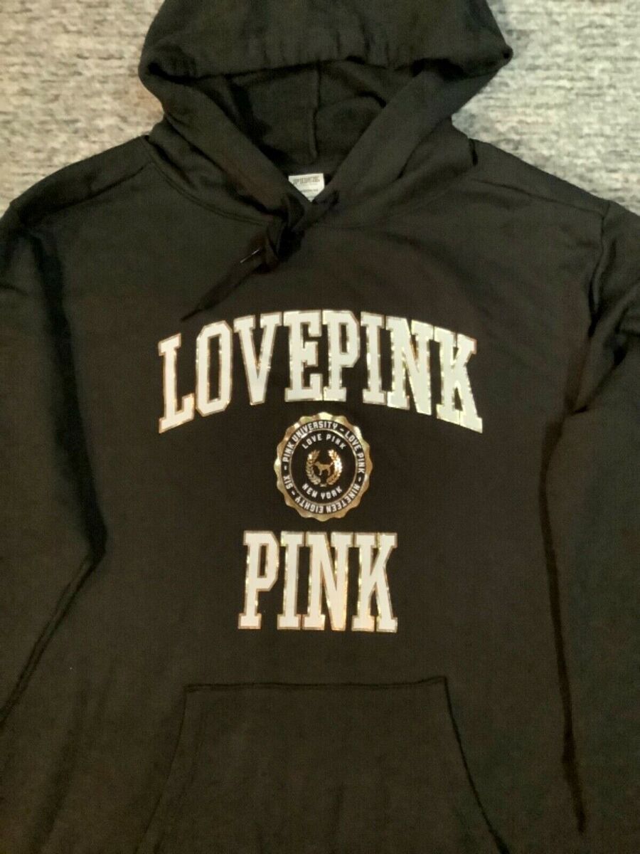 VS Pink University Love Pink Black Hoodie Size large
