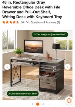 48 in. Rectangular Gray Reversible Office Desk with File Drawer and Pull-Out Shelf, Writing Desk with Keyboard Tray