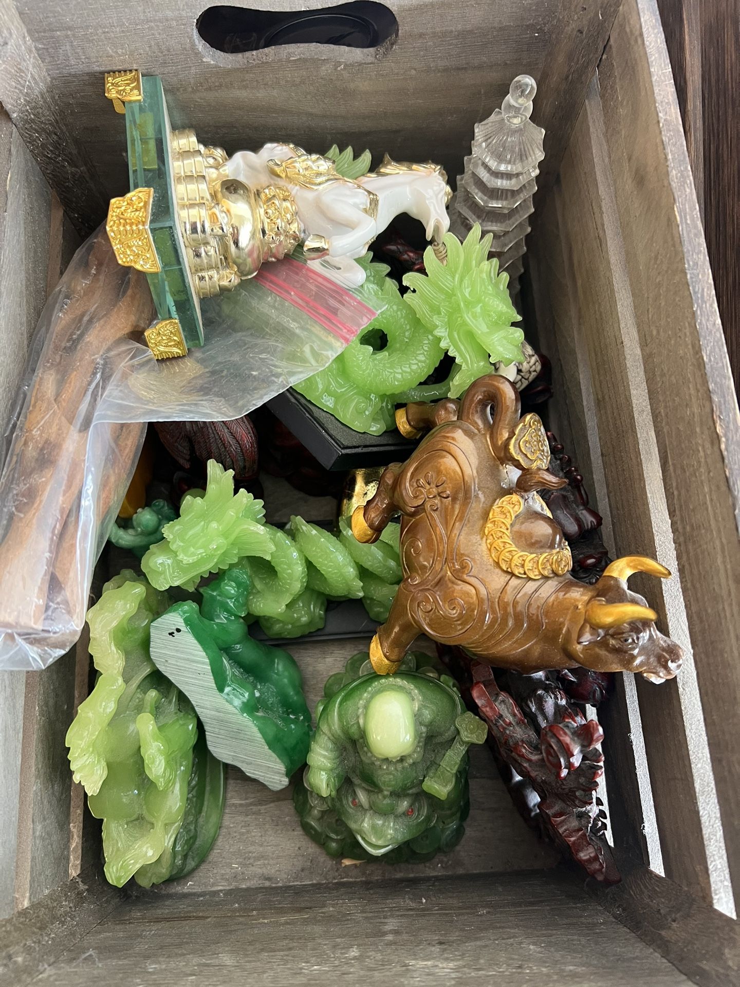 Crate Full Of Buddha , Dragon , And Chinese Resin Statues