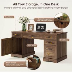 59" Executive Desk with Drawers & File Cabinet - Walnut (NIB)
