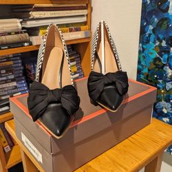 Houndstooth Pattern Bow Decor Point Toe Stiletto Heeled Court Pumps