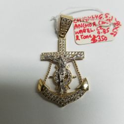 14k Anchor Cross Wheel CZ 2 Tone Pendant 