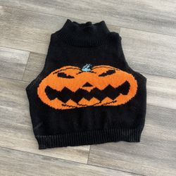 SHEIN Black Pumpkin Graphic Halloween Sweater Vest Mock Neck Sleeveless S