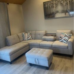 Grey Linen Sectional Couch With Drop Down Table 