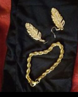Gold Bracelet and Feather Earrings Combo