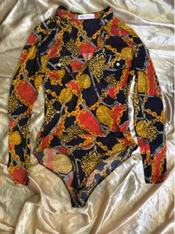Sheer Mesh Navy and Gold Coin Print Bodysuit / Size M