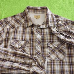 Trevero Men's Brown Plaid Cotton Long Sleeve Button-Up Shirt Pearl Snap Size M