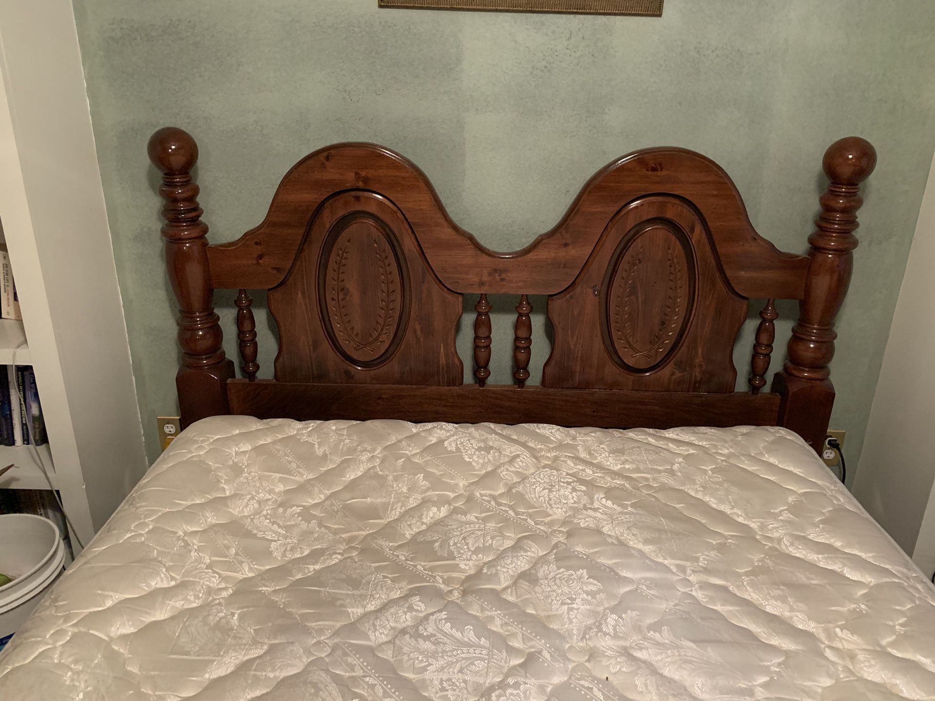 Queen size wood headboard and queen waterbed with bed frame. Waterbed has 8 individual tubes instead of 1 big bladder. Good condition.