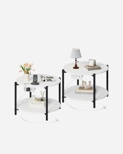 2-pack 23.6” Round End Table with Charging Station, 2-Tier Industrial Nightstand