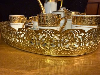 Vintage Royal Crown Imperial Gold Porcelain Demitasse Espresso Set & Mirrored Tray
