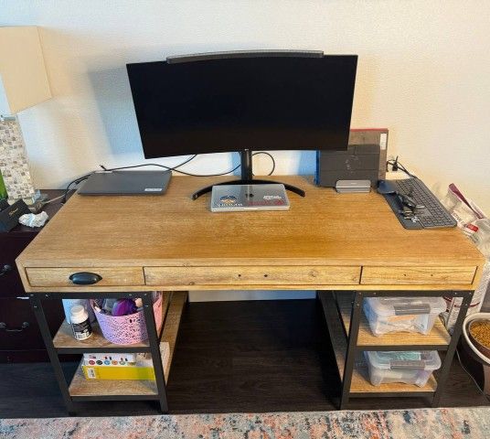 Industrial-Style Rustic Wood & Metal Home Office Desk with Storage Shelves